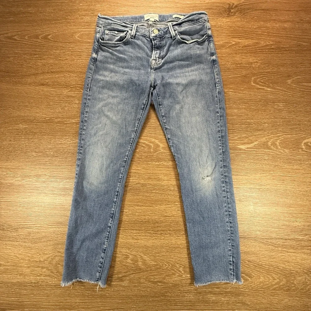 FRAME Le Garcon Women's 28 Blue Crop Skinny Jeans Raw Hem Stretch Denim Designer